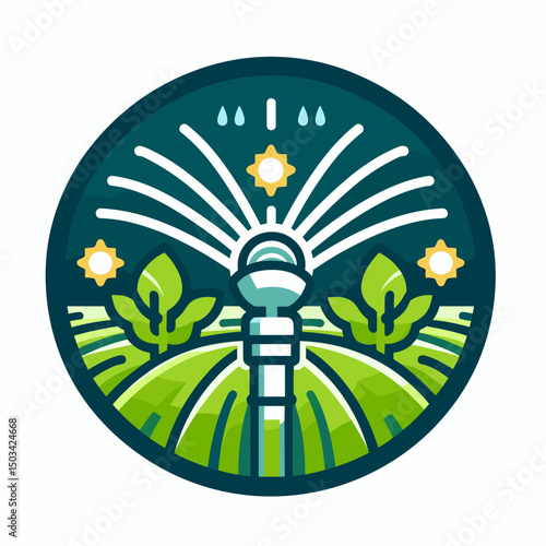 Irrigation system with spray nozzle watering green fields under sunlight  