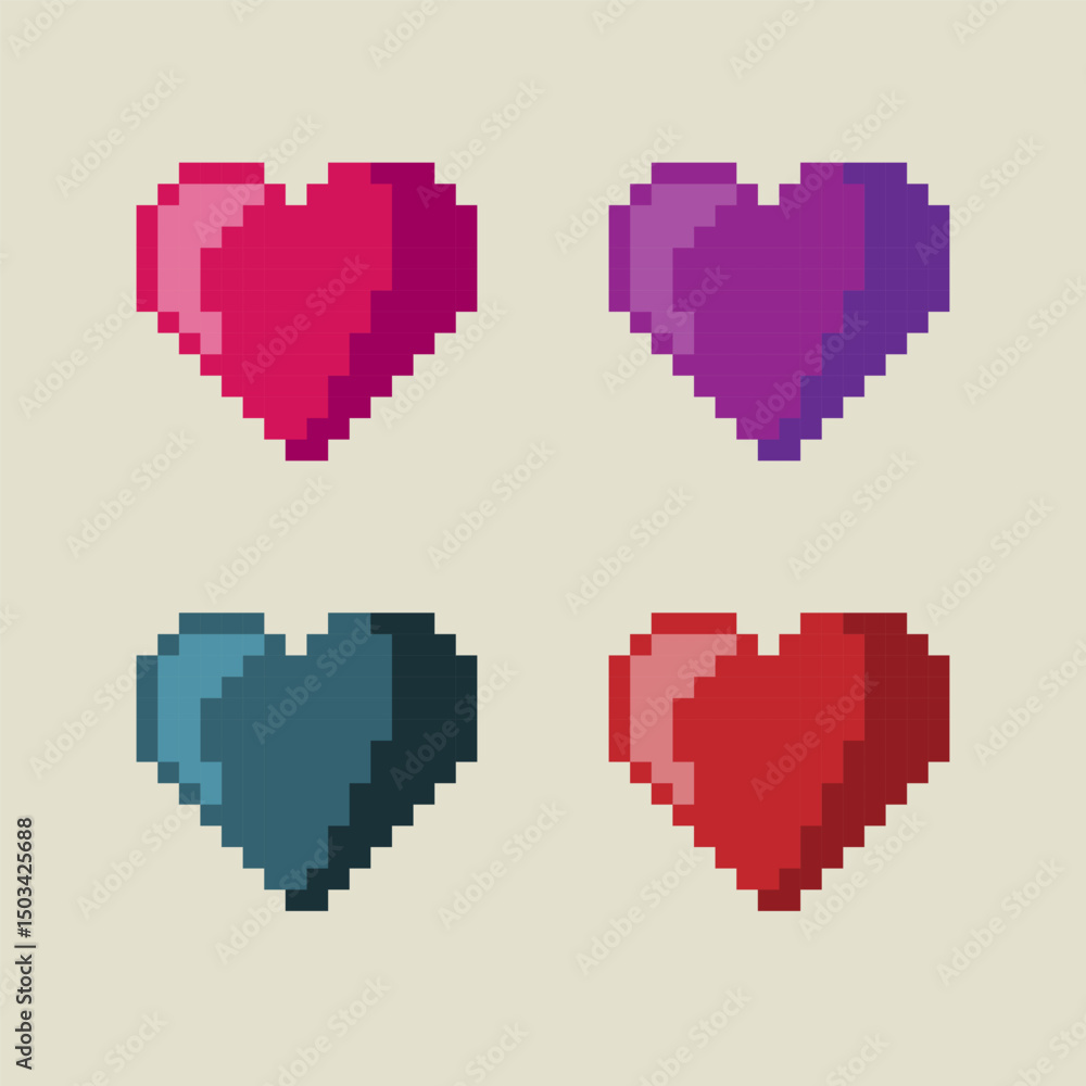 Fototapeta premium Colorful pixel hearts. love icons. Set of pixel hearts in retro style. Vector illustration