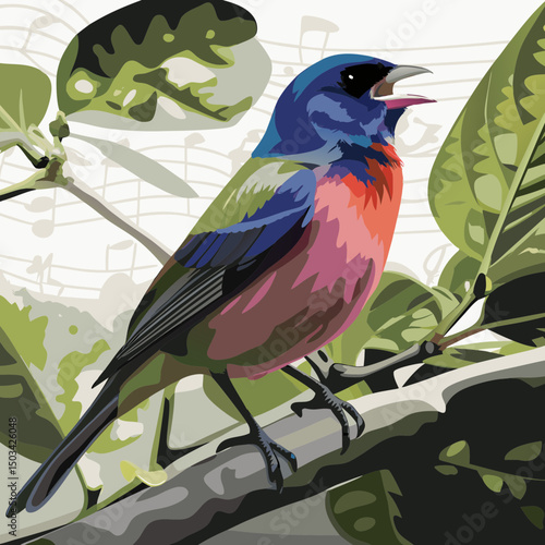 Vibrant illustration of a Painted Bunting perched on a branch, joyfully singing amidst floating musical notes.