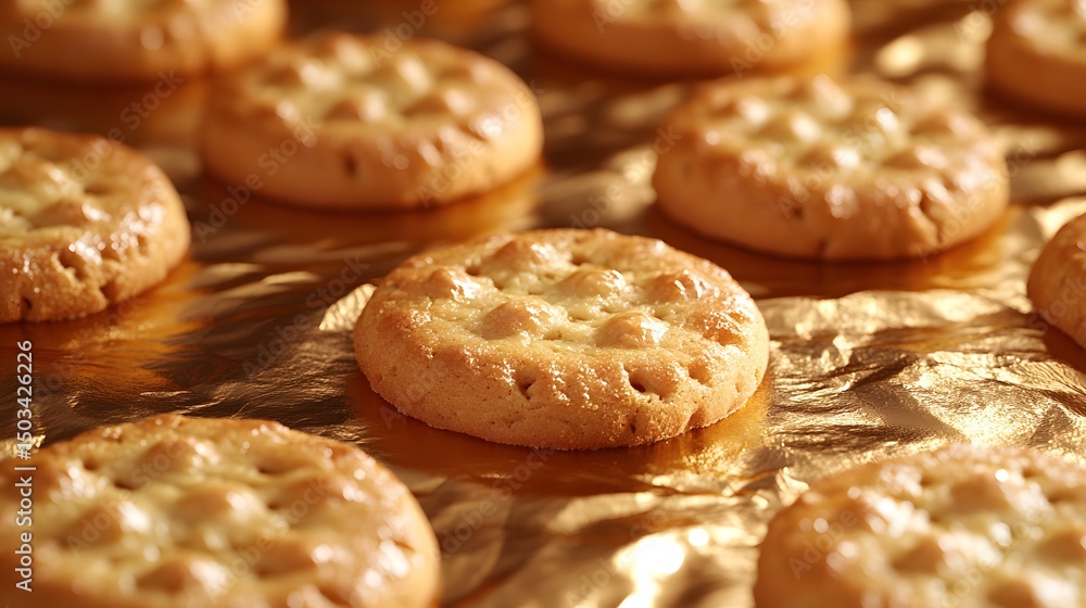 Intricate 2D Vector Art Depicting Delicious Homemade Cookies on a Radiant Gold Foil Surface with Meticulous Shadowing and Seamless Repeating Patterns Intricate 2D Vector Art Depicting Delicious Homemade Cookies on a Radiant Gold Foil Surface with Meticulous Shadowing and Seamless Repeating Patterns