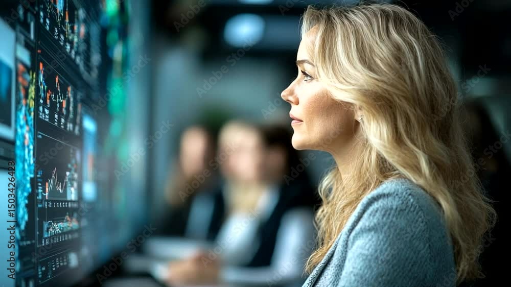 Woman looking at a wall of digital displays Woman looking at a wall of digital displays