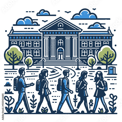 Group of students walking in front of university building with trees  