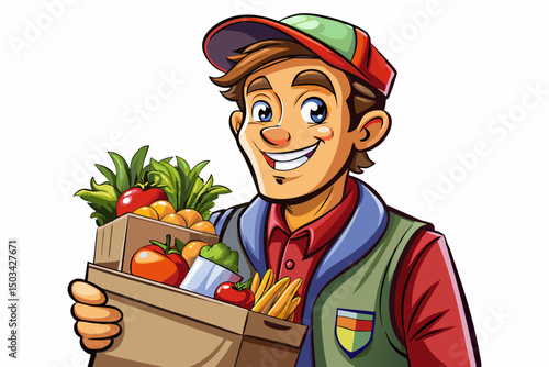 view of Young cheerful caucasian male courier holding grocery vector in box on white isolated background