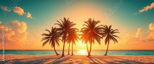 Fototapeta Naklejka Na Ścianę i Meble -  Tropical paradise with palm trees silhouetted against a vibrant sunset on a sandy beach. Vacation dreams.