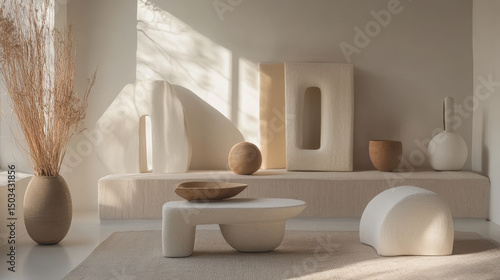An elegant interior scene marked by subdued colors and natural materials, blending sculptural furniture with gentle textiles for a sophisticated ambiance
