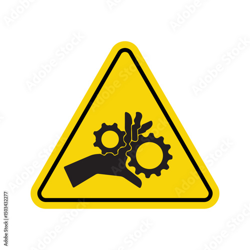 gear entanglement hazard warning sign with hand in yellow triangle