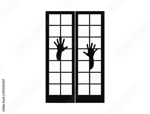  pale ghostly hands reaching out from behind shoji sliding door, fingernails long and dirty, traditional Japanese horror vector, white background
