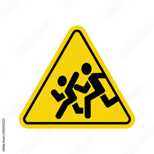 running or pushing hazard warning sign with figures in yellow triangle