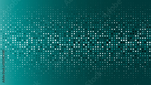 White dots gradient on teal background, dynamic digital pattern, futuristic pixel matrix, abstract minimal design, geometric grid, technology concept, data visualization, copy space