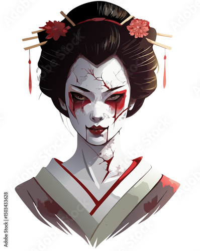  geisha with unnaturally twisted neck and demonic eyes, makeup cracked, horror-inspired traditional vector style, isolated on white
