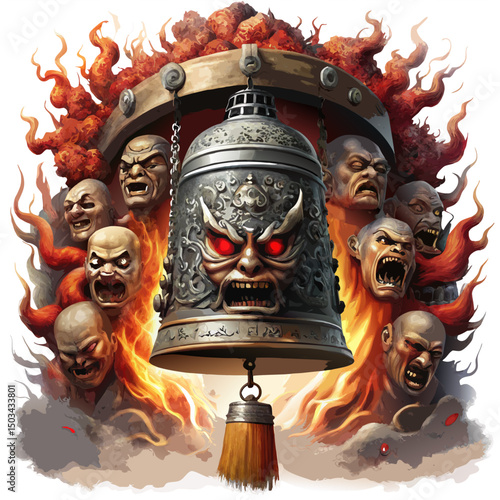  cursed Japanese bell surrounded by suffering ghostly faces and spiritual flames, horror vector scene, isolated on white background
