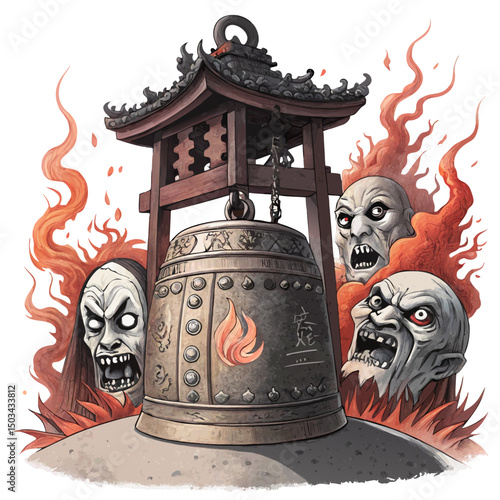  cursed Japanese bell surrounded by suffering ghostly faces and spiritual flames, horror vector scene, isolated on white background
