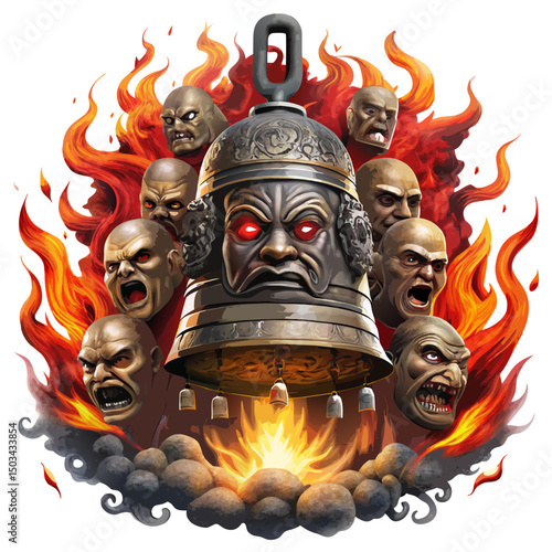  cursed Japanese bell surrounded by suffering ghostly faces and spiritual flames, horror vector scene, isolated on white background
