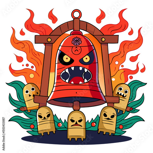  cursed Japanese bell surrounded by suffering ghostly faces and spiritual flames, horror vector scene, isolated on white background
