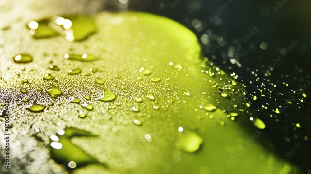 Fototapeta premium Close-up view of water droplets on a yellowish surface.