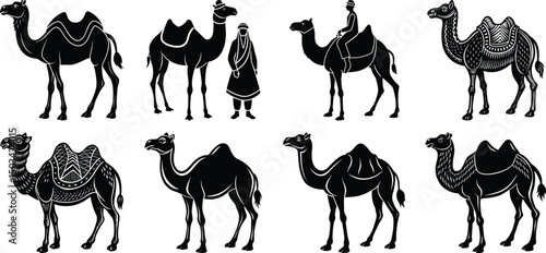 Man leading camels in a desert toward a futuristic city
set on a white background