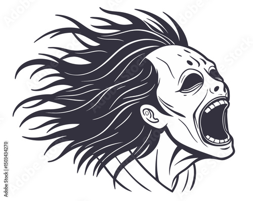  horrifying Japanese ghost with eyeless face and wide open mouth screaming, hair standing up wildly, traditional horror vector art isolated on white background
