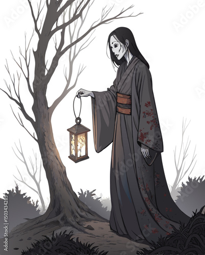  pale ghost woman in funeral kimono holding old candle lantern, standing silently in dark atmosphere, horror vector style, white background
