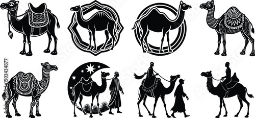 Man leading camels in a desert toward a futuristic city
set on a white background