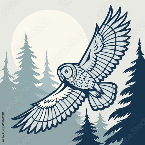 Elegant vector illustration of a flying great gray owl, showcasing detailed feathers and outstretched wings—ideal for wildlife-themed designs and nature-inspired projects