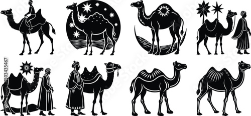 Man leading camels in a desert toward a futuristic city
set on a white background