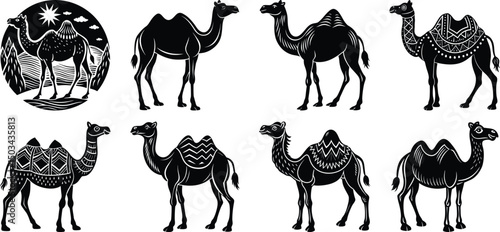 Man leading camels in a desert toward a futuristic city
set on a white background