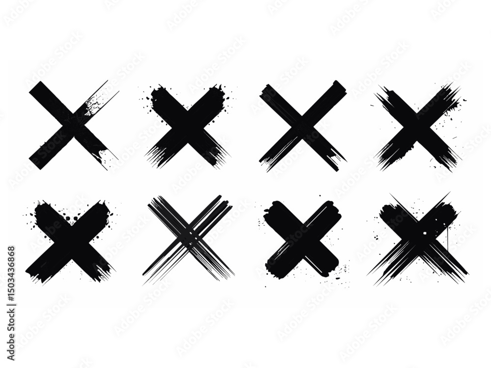 X black mark set in grunge style. Hand drawn crossed brush strokes. Crosshairs symbols in brush style with black ink splashes. Cross sign graphic symbol, grunge graphic collection X black mark set in grunge style. Hand drawn crossed brush strokes. Crosshairs symbols in brush style with black ink splashes. Cross sign graphic symbol, grunge graphic collection
