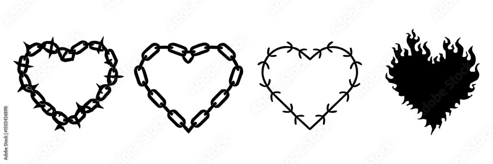 Y2k set of hearts - burning, from a chain, from a barbed wire, from cracks, from thorny bushes, wireframe, pixel and others. Hearts in different styles Isolated set Y2k set of hearts - burning, from a chain, from a barbed wire, from cracks, from thorny bushes, wireframe, pixel and others. Hearts in different styles Isolated set