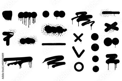Spray graffiti texture with smudges and drops. Street aerosol clouds vector templates. Spray paint shapes, graffiti mockups, stencil. Street art with splashes and dripping paint. Vector aerosol set,