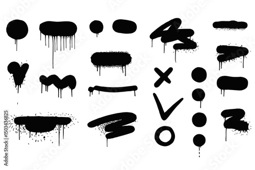 Spray graffiti texture with smudges and drops. Street aerosol clouds vector templates. Spray paint shapes, graffiti mockups, stencil. Street art with splashes and dripping paint. Vector aerosol set,