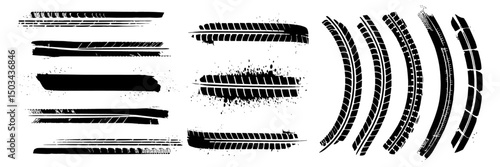 Tire tread marks, isolated wheel texture, tire marks - drift, rally, races, off-road, motocross. Vector isolated texture with grunge effect, splashes vector,