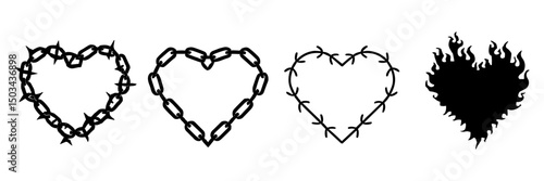 Y2k set of hearts - burning, from a chain, from a barbed wire, from cracks, from thorny bushes, wireframe, pixel and others. Hearts in different styles Isolated set