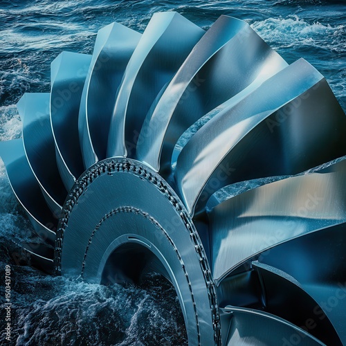 A closeup of a tidal energy turbine for World Tidal Energy Day Focus on the turbine blades