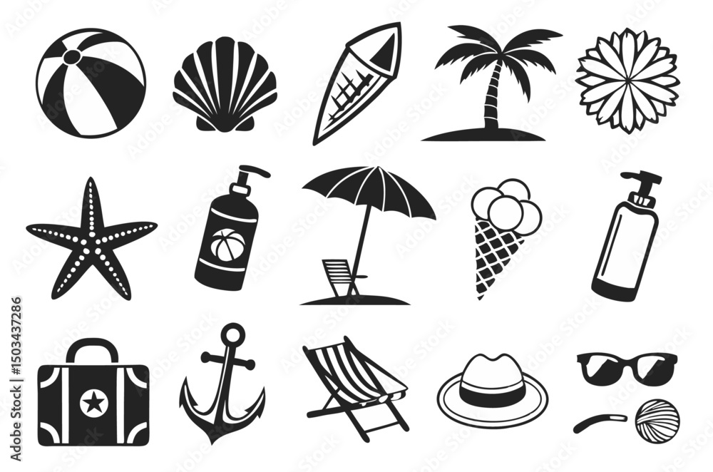 Fototapeta premium Black and White Summer Beach Icons Vector Set