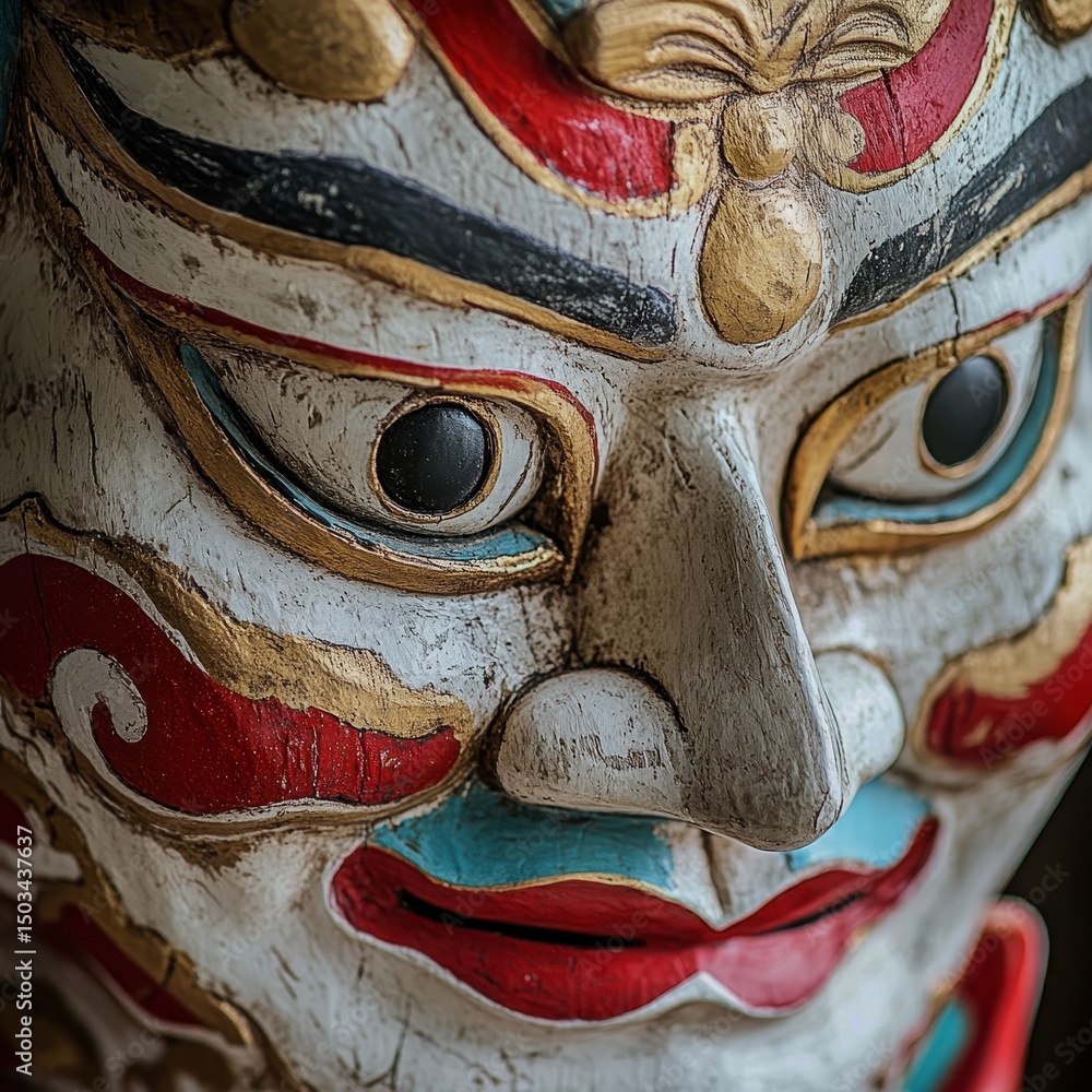 A closeup of a traditional mask for World Mask Day Focus on the mask, details A closeup of a traditional mask for World Mask Day Focus on the mask, details