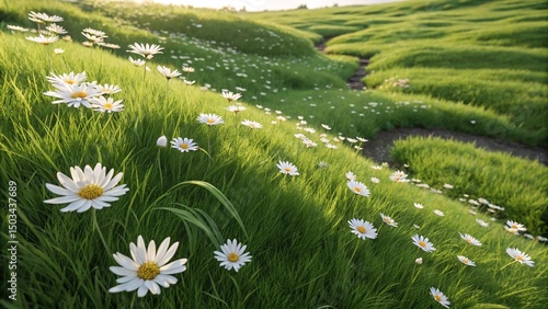 Fresh Daisies with Green Leaves in Spring Light