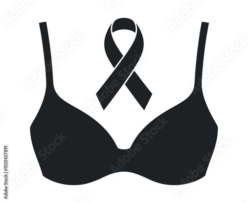 Black Ribbon on a Black Bra Simple Icon for Breast Cancer Awareness