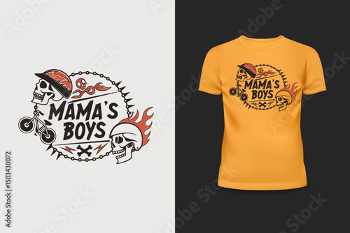 Mama's Boys Skull Flames T shirt Design