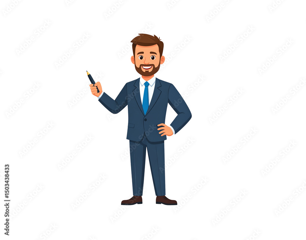 Cartoon Businessman in Blue Suit Holding Pen with Confident Pose Cartoon Businessman in Blue Suit Holding Pen with Confident Pose
