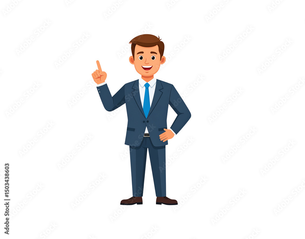 Cartoon Businessman in Blue Suit Pointing Upward with a Cheerful Expression Cartoon Businessman in Blue Suit Pointing Upward with a Cheerful Expression
