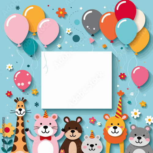 Birthday-Party-Animals-Balloons-Invitation-Template-Cute-Cartoon-Animals-Giraffe-Bears-Flowers-Festive-Celebration-Design-For-Kids-Children-Celebrations