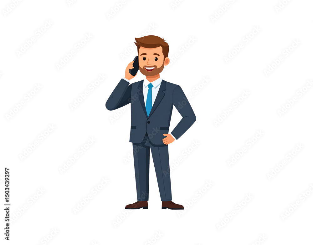 Cartoon Businessman in Suit Talking on Smartphone with Confident Pose Cartoon Businessman in Suit Talking on Smartphone with Confident Pose