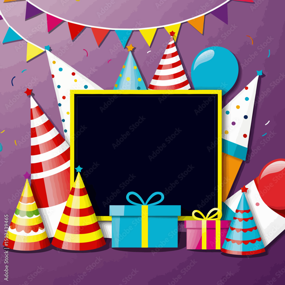 Obraz premium Happy-Birthday-Background-with-Celebration-Party-Hats-Balloons-and-Gifts-Festive-Decoration-for-Birthday-Party-Greeting-Card-Invitation-Template-Vector-Illustration