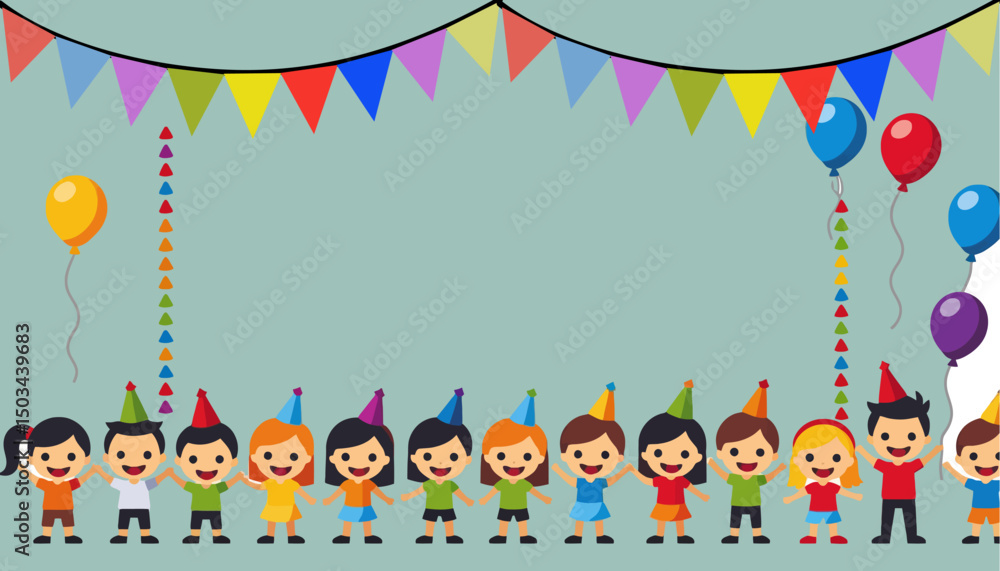 Fototapeta premium kids-birthday-party-background-with-colorful-balloons-flags-and-happy-children-illustration-for-celebration-greeting-cards-and-invitations