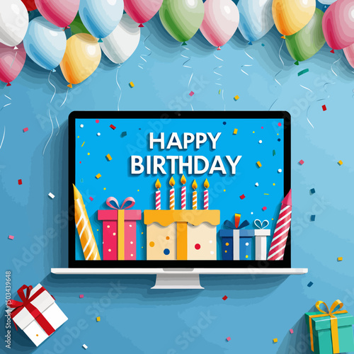 Happy-Birthday-Celebration-on-Laptop-Screen-Gifts-Cake-Balloons-Confetti-Festive-Online-Party-Greeting-Card-Virtual-Birthday-Party-Decoration-Fun