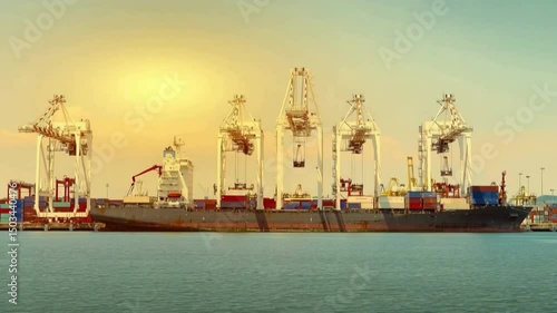 Global Trade at Dawn: A colossal cargo ship, laden with containers, rests poised at the docks, ready for the day's embarkation of international trade. An industrial scene.