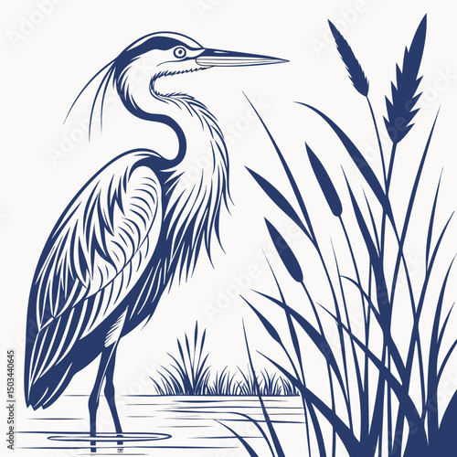 Elegant vector illustration of a Great Blue Heron, showcasing its graceful stance and detailed plumage, ideal for nature-themed designs and wildlife art projects