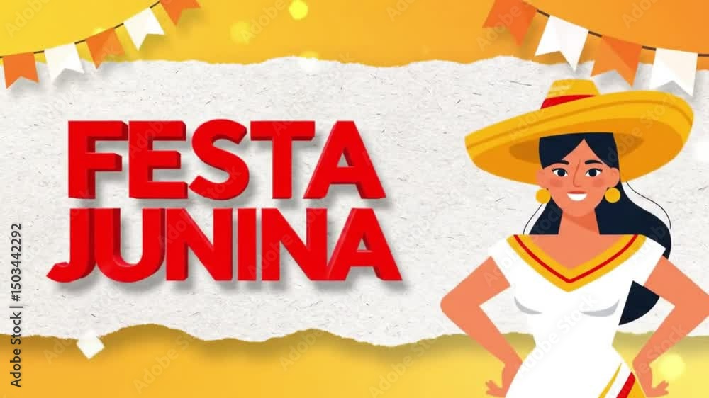 Cartaz Festa Junina com Personagem Feminina e Fundo Laranja