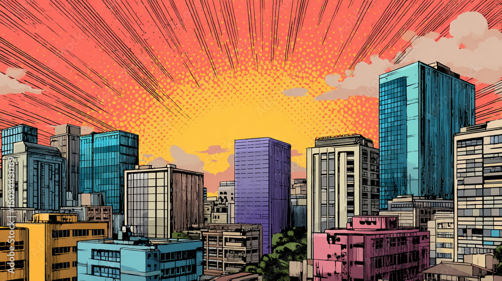 Obraz premium Colorful cityscape with buildings and a stylized sky with sun rays in a comic book style