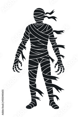 Silhouette of a Mummy Figure Bandaged in Black and White Illustration